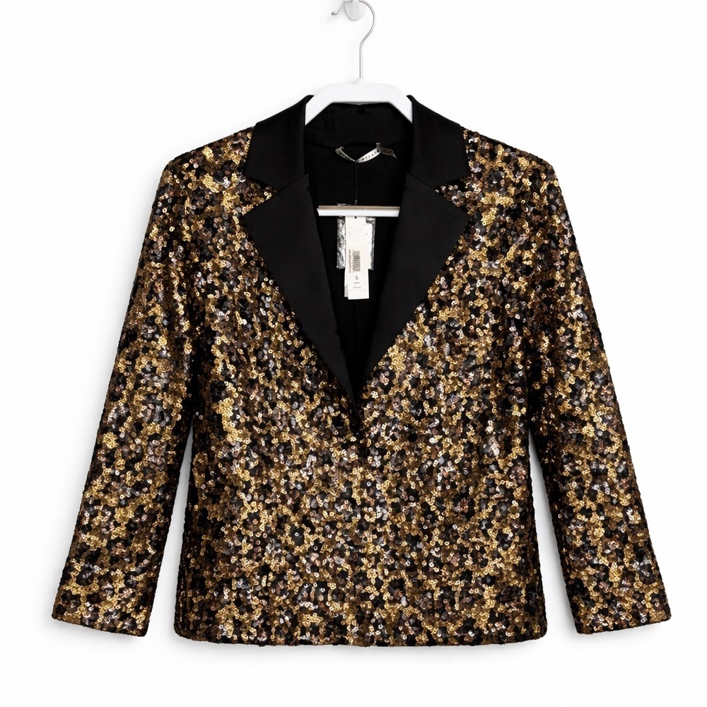 Alice + Olivia Gold & Black Sequin Tuxedo Blazer NWT XS $495